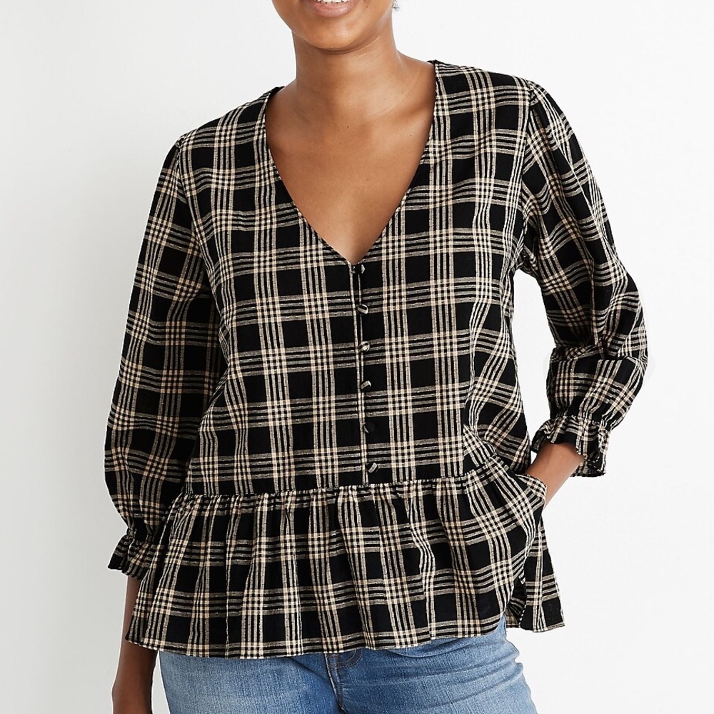 Madewell | Courtyard Ruffle-Hem Top in Metallic Plaid